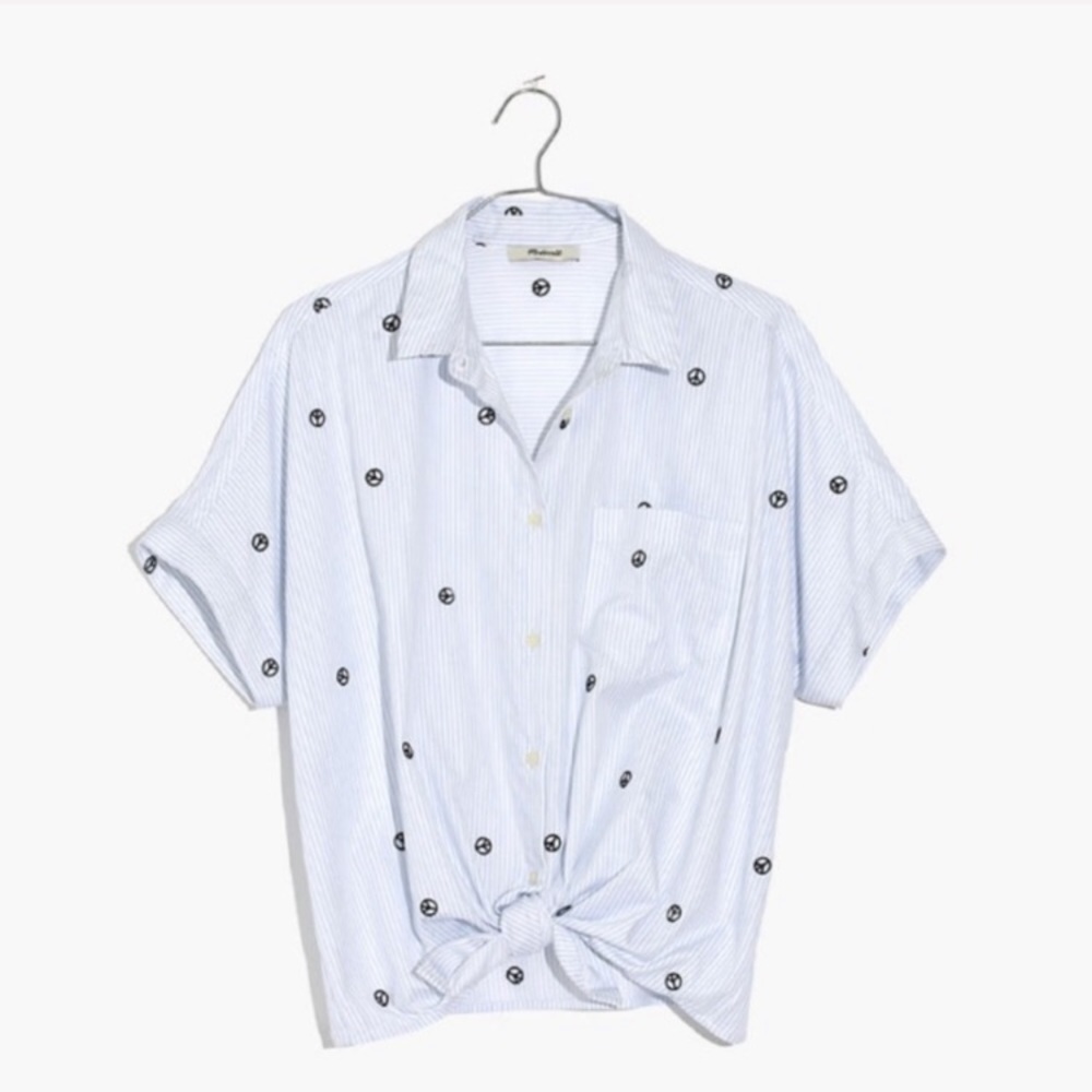 Madewell Embroidered Peace Sign Short-Sleeve Tie-Front Shirt M